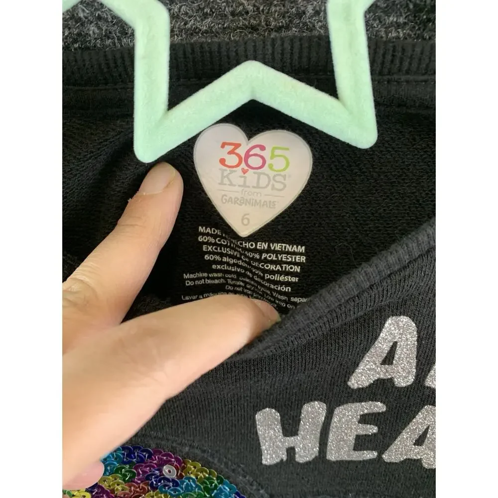365 Kids by Garanimals Girl Sweatshirt All Heart Sequin Patch Pullover Black 6